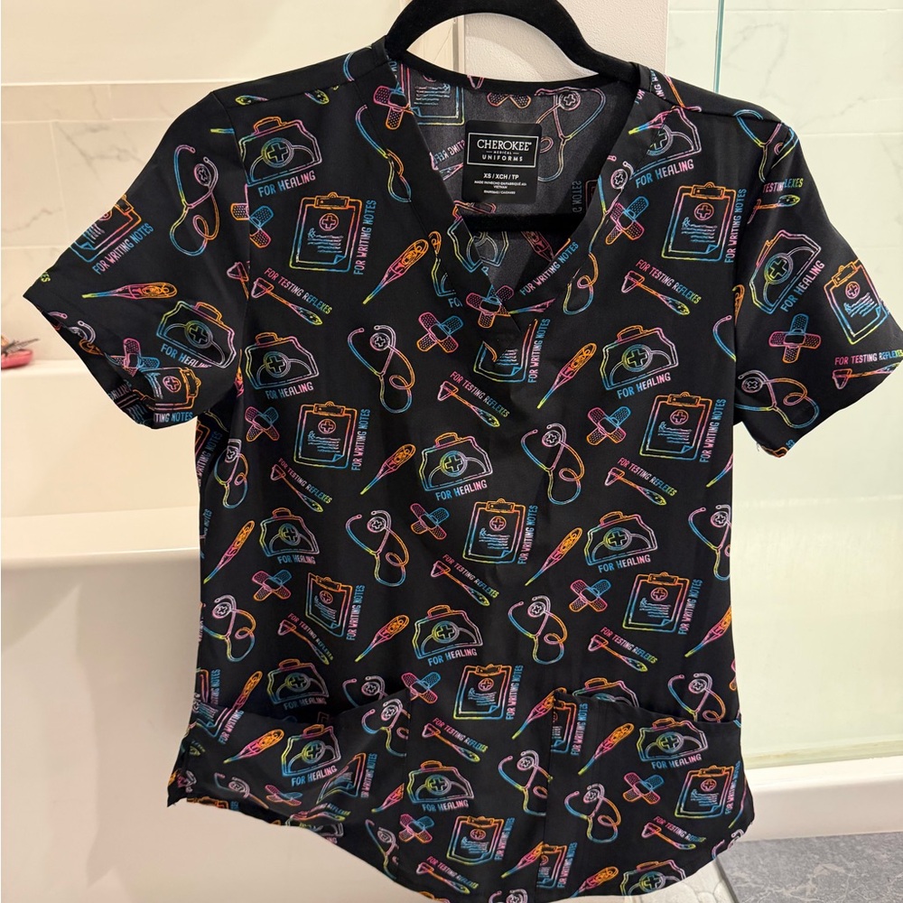 Cherokee Black Scrub Top with Neon Medical Icons